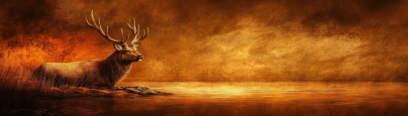 Fototapeta premium Stag resting by water's edge, golden sunset backdrop, still landscape