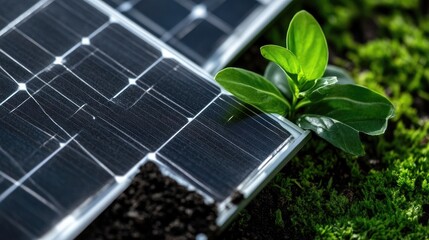 Fototapeta premium Solar panels planted in the earth. Green sprout near panels