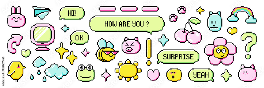 Poster pixel art speech bubble and element asset pack. retro aesthetics dialogue box and retro game style v