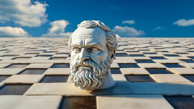 Marble bust of a bearded man positioned on a checkered surface with blue sky and clouds background. Thoughtful sculpture on checkerboard.