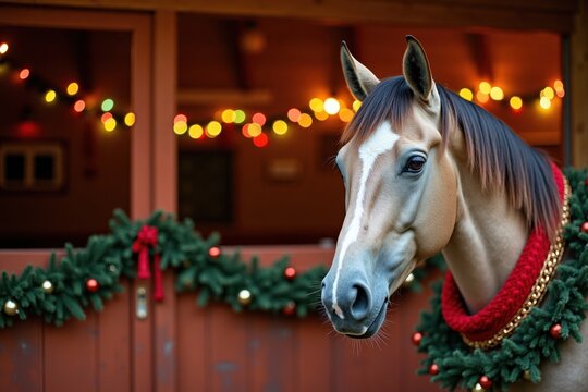 A close-up of a horse adorned with a festive red and gold garland around its neck. The background showcases a warm barn filled with colorful Christmas decorations and twinkling lights