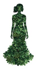 A silhouette of a woman made entirely of green leaves, symbolizing nature and femininity, combines organic beauty with artistic expression.