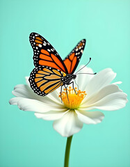 Obraz premium A close-up view of a vibrant monarch butterfly perched on a large white flower against a pale aqua background