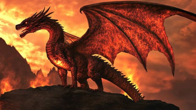 Majestic red dragon perched atop craggy rock, fiery wings extended against a burning sky, fantasy creature illustration, glowing eyes and fierce gaze