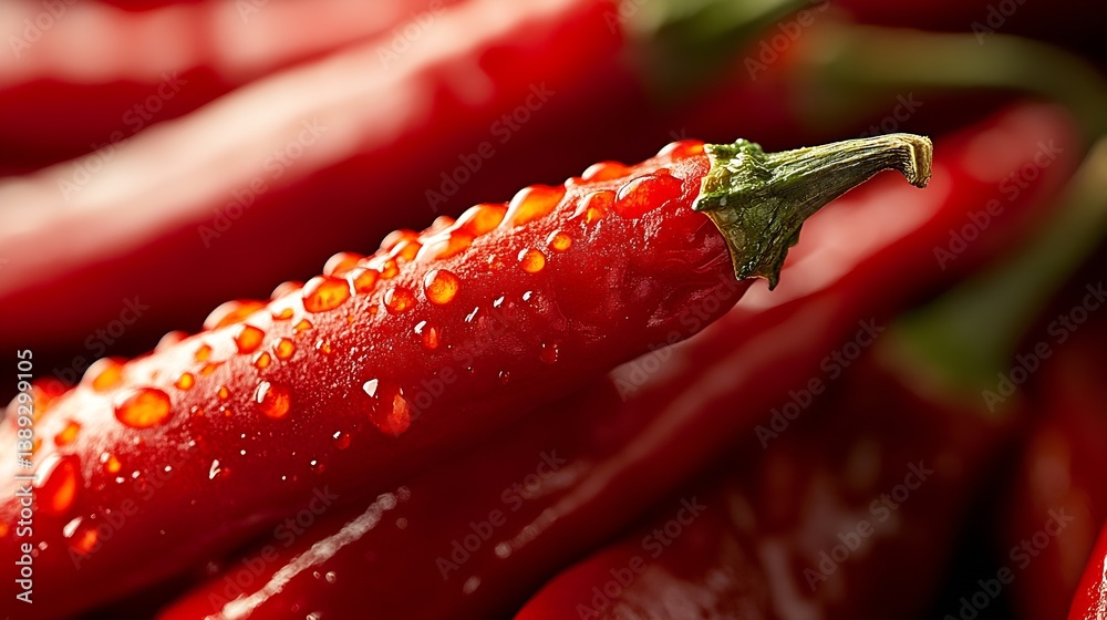 Poster bright red chili pepper with raindrops highlighted in soft natural light : generative ai