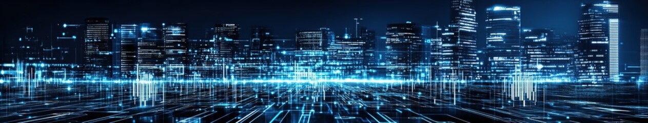 Fototapeta premium Futuristic Urban Landscape with Digital Circuit Networks: Next-Generation Mobile Internet Concept. Skyline of Modern City Integrated with Complex Wireless Communication Technology. Abstract Representa