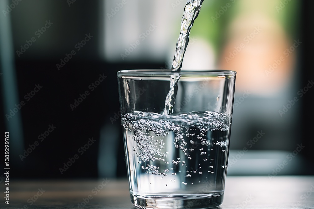 Poster crystal clear water cascading into a glass showcasing bubbles sparkling under soft natural light in 