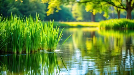 Obraz premium Serene Pondside Vegetation Reflecting in Still Water, Lush Greenery and Tranquil Natural Scene