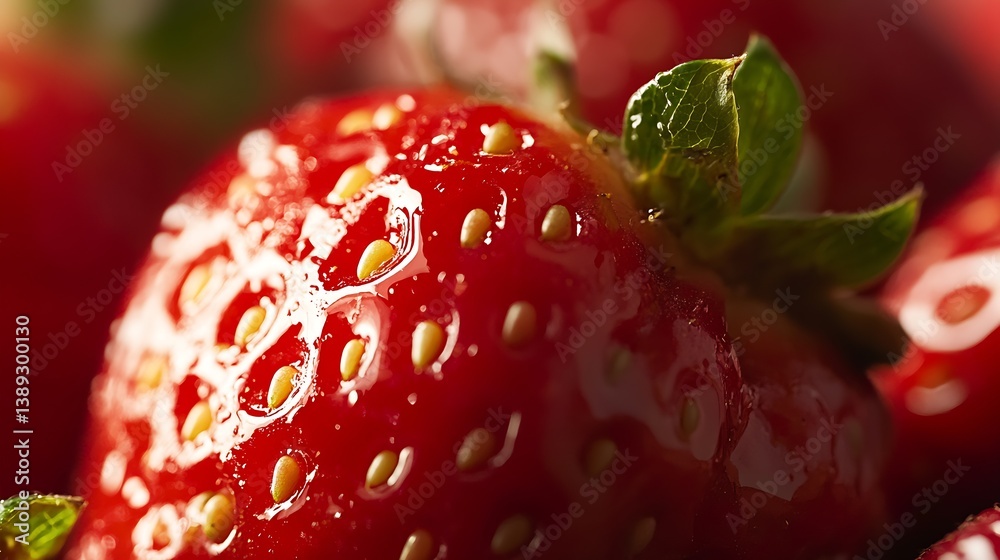 Poster detailed close up of a ripe strawberry highlighting its shiny surface and seed patterns under natura