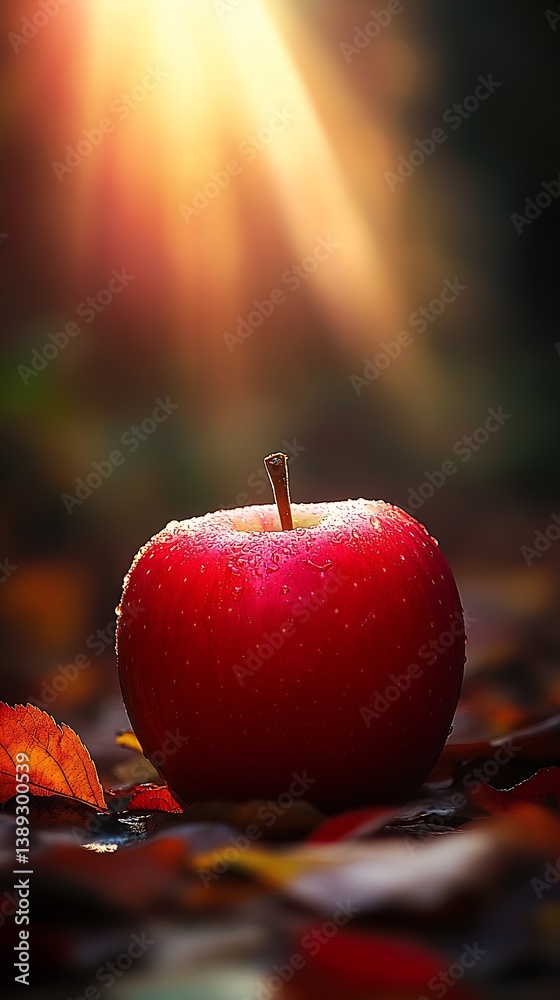 Poster shining red apple with droplets on it nestled in the vibrant autumn leaves and warm sunlight glow : 