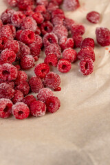 sweet red raspberries for long-term storage, frozen red raspberries during their melting for...