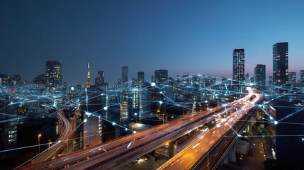 Obraz premium Smart City Skyline Merging Transportation and Technology at Dusk