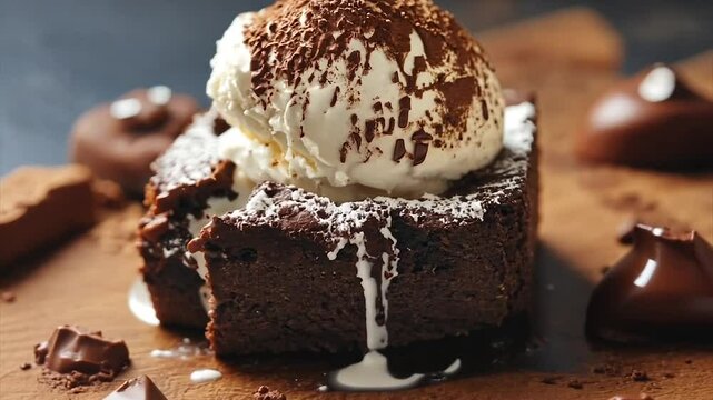 Decadent chocolate brownie sundae with vanilla ice cream