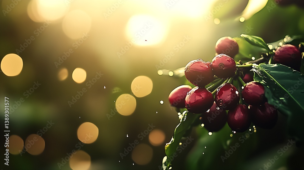 Poster Glistening coffee cherries on a branch with sunlight creating a bokeh effect in a tranquil coffee farm setting : Generative AI
