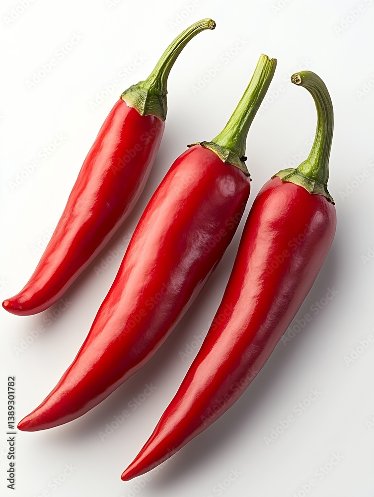 Aufkleber Three fresh red chili peppers displayed elegantly against a simple white background emphasizing their texture and shape : Generative AI