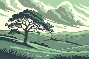 117 Lone tree, vast green field, rolling hills, dramatic cloudy sky, moody atmosphere, soft pastel colors, minimalist landscape, ethereal lighting, serene countryside, expansive horizon, solitary natu