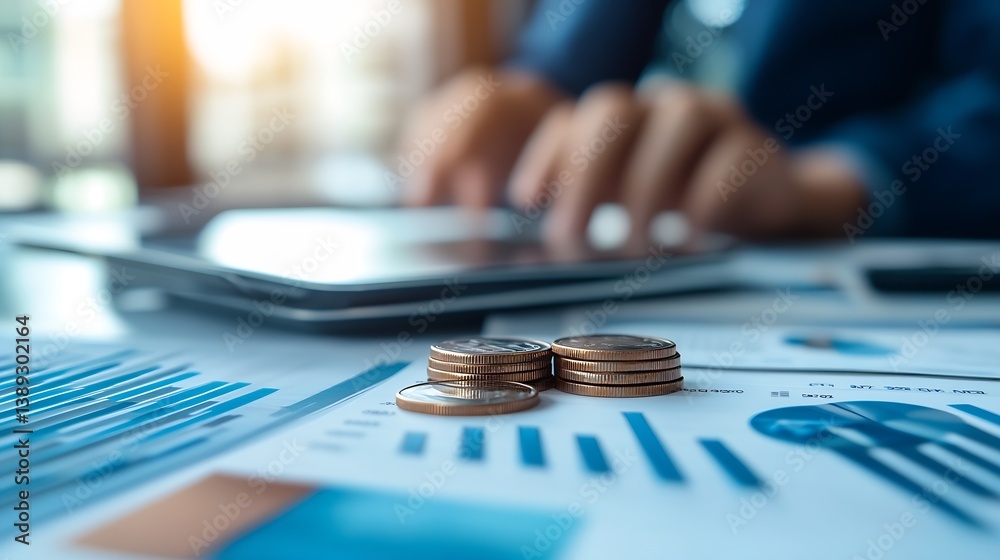 Poster close-up of stacked coins and financial reports showcasing money management strategies : generative 