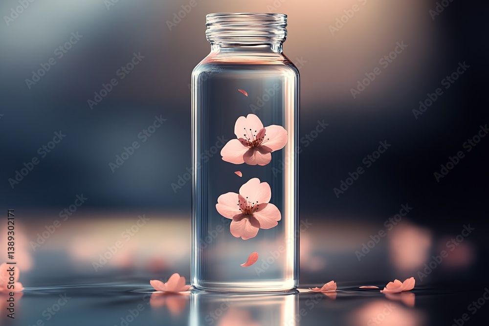 Poster a captivating display of cherry blossom petals suspended in a glass bottle creating a tranquil ambia