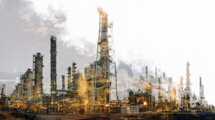 Double Exposure Illustration of Industrial Landscape and Cityscape