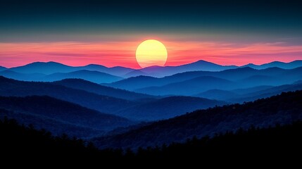Fototapeta premium Mountainous landscape at sunset; silhouetted ridges against a vibrant sky