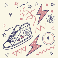 Retro 80s-90s Memphis Geometric Seamless Pattern – Cool Abstract Background with Stars, Arrows, Triangles, Circles, Hearts, Flowers, Zigzags, Spirals & Wavy Lines – Cute Kid Doodle Design