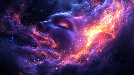 A mesmerizing fusion of cosmic elements and human form, this ethereal image invites viewers into a dreamlike universe
