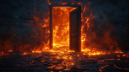 Fototapeta premium A black open door revealing hell, with flames and cracked ground, creating a fiery and intense atmosphere, ideal for dramatic or horror-themed content.