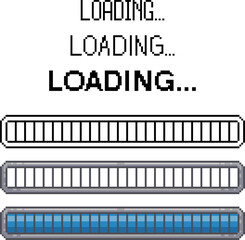 Pixel art loading bar set. Retro video game download progress screen. Pixelated 8-bit vector.