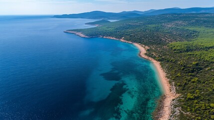 Fototapeta premium Aerial View of Serene Coastal Landscape Turquoise Waters and Lush Green Shores