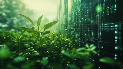 Fototapeta premium A vibrant green plants field next to a data processing structure