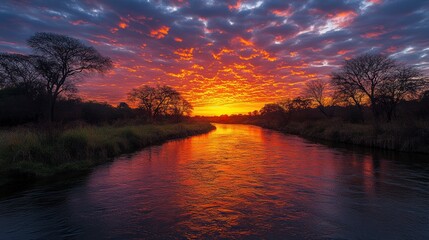 Fiery sunset mirroring in a serene river flanked by silhouetted trees