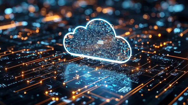 Futuristic cloud computing concept; glowing cloud symbol on a circuit board