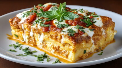 Baked vegan lasagna with layers of vegetables, tofu ricotta, and tomato sauce, garnished with basil on white plate