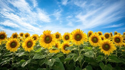 Obraz premium Sunflowers field under a vast blue sky