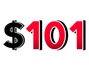 Bold red number $101 with a black dollar sign in a 3D style, featuring white and black outlines, creating a shadow effect on transparent background.