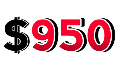 Bold red number $950 with a black dollar sign in a 3D style, featuring white and black outlines, creating a shadow effect on transparent background.