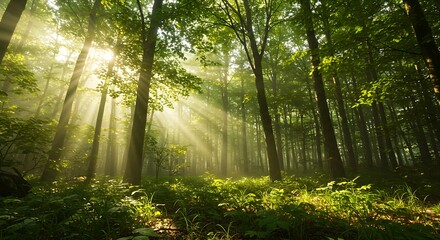 A lush green forest with sunlight filtering through the leaves.