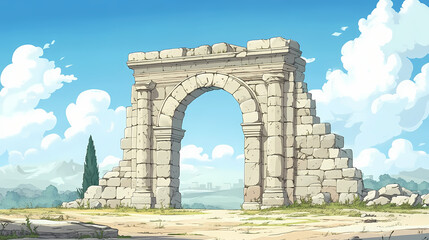 Fototapeta premium Ancient stone temple ruins with a large archway, inviting exploration and reminiscent of historical civilizations. Ruined Relics. Illustration