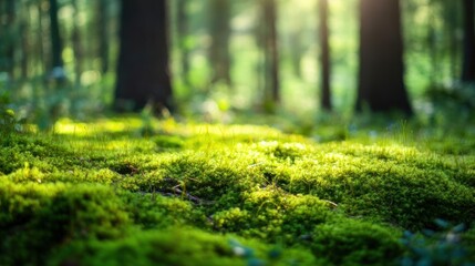 Fototapeta premium Sunlight filters through a forest, illuminating a bed of vibrant moss