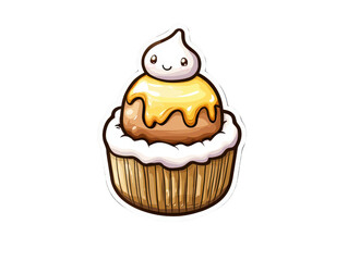 A Cute cupcake with smiling face, topped with creamy frosting and drizzle of caramel. This delightful dessert is perfect for celebrations and brings joy to any occasion