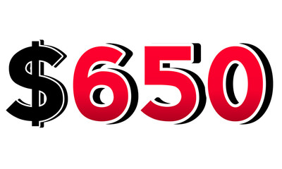 Bold red number $650 with a black dollar sign in a 3D style, featuring white and black outlines, creating a shadow effect on transparent background.