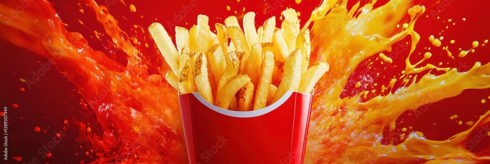 Poster Golden crispy french fries in a classic container with vibrant color splashes in the background capturing a lively atmosphere