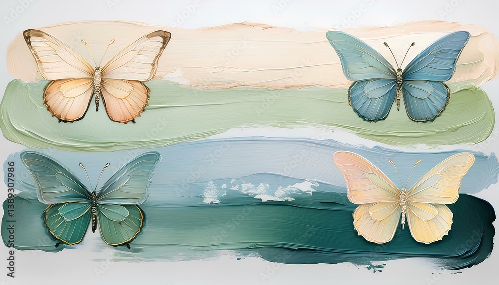 Poster pastel color brushstrokes and butterflies with copy space for add text.