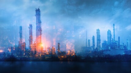 Obraz premium Artistic Representation of a Futuristic Industrial Landscape at Night