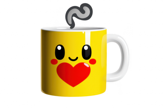 A cheerful yellow mug with smiling face and heart design, emitting steam, perfect for enjoying warm beverages and brightening your day
