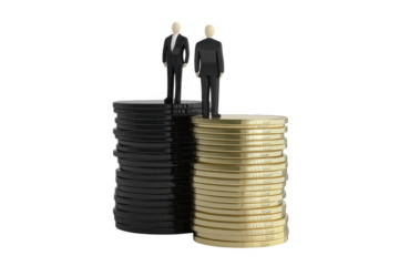A Two business figures standing on stacks of coins, representing wealth disparity and financial growth. contrast between gold and black coins symbolizes different economic statuses