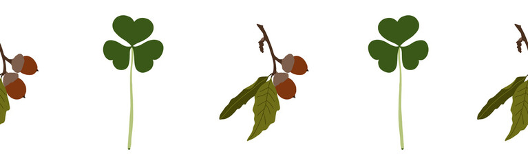 Border leaves and nuts on a white background. Hand-drawn illustration. Perfect for spring and summer.