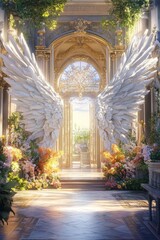 Majestic White Wings Flank Ornate Architecture And Blooming Flowers