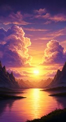 Serene Sunset over Purple-Hued Mountain Lake