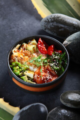 Poke salad with smoked salmon, chukka salad and beans. Delicious and satisfying dish of red fish. Natural omega.